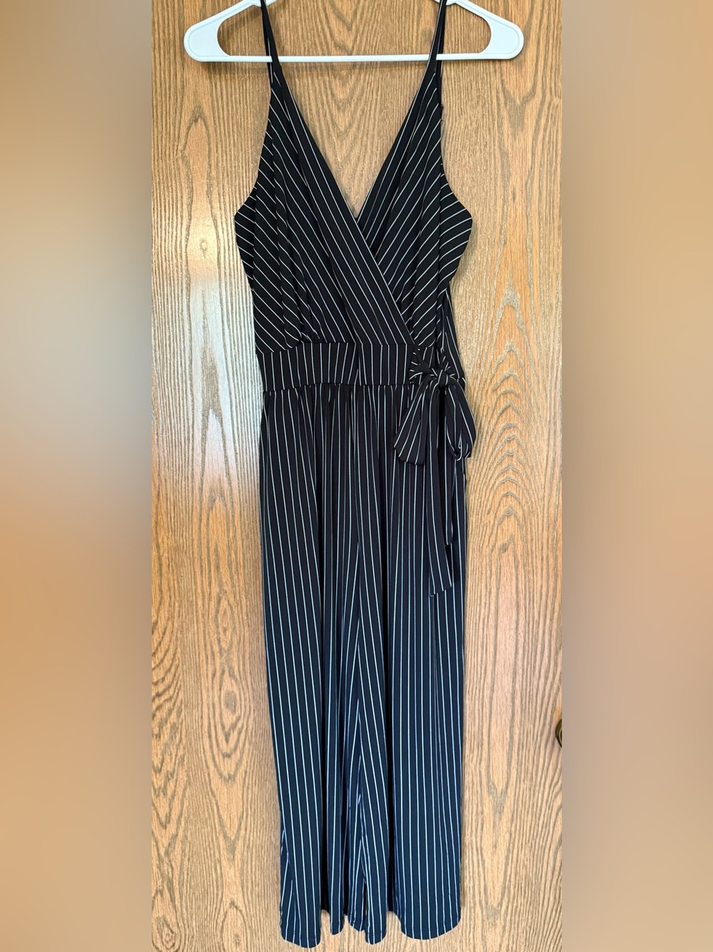 Striped Black Wrap Midi Jumpsuit with Side Tie